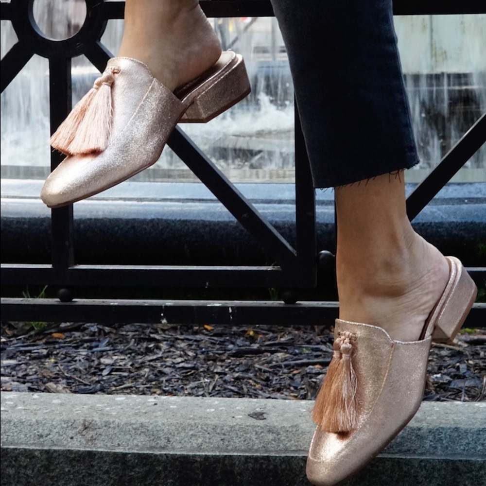Champagne Leather Chic Tassels Slip On Mule